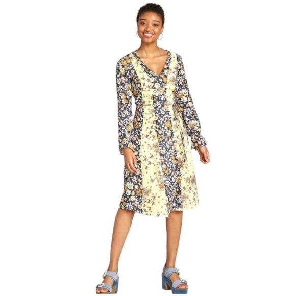 NWT ModCloth Unique Persona Midi Dress Long Sleeve Yellow Floral Dragonfly 4 - Picture 1 of 14